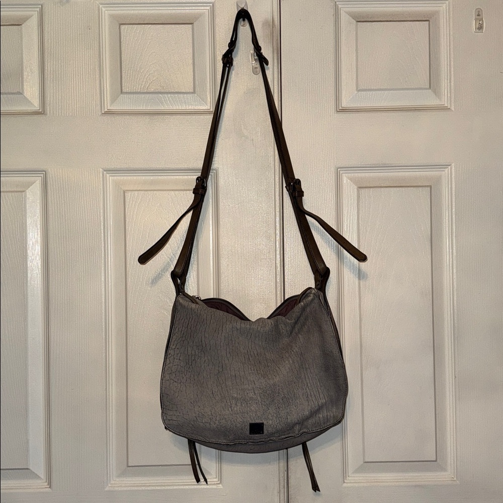 Kooba Jonnie Textured Gray Butter Leather With Taupe Trim Crossbody Bag - Picture 2 of 14